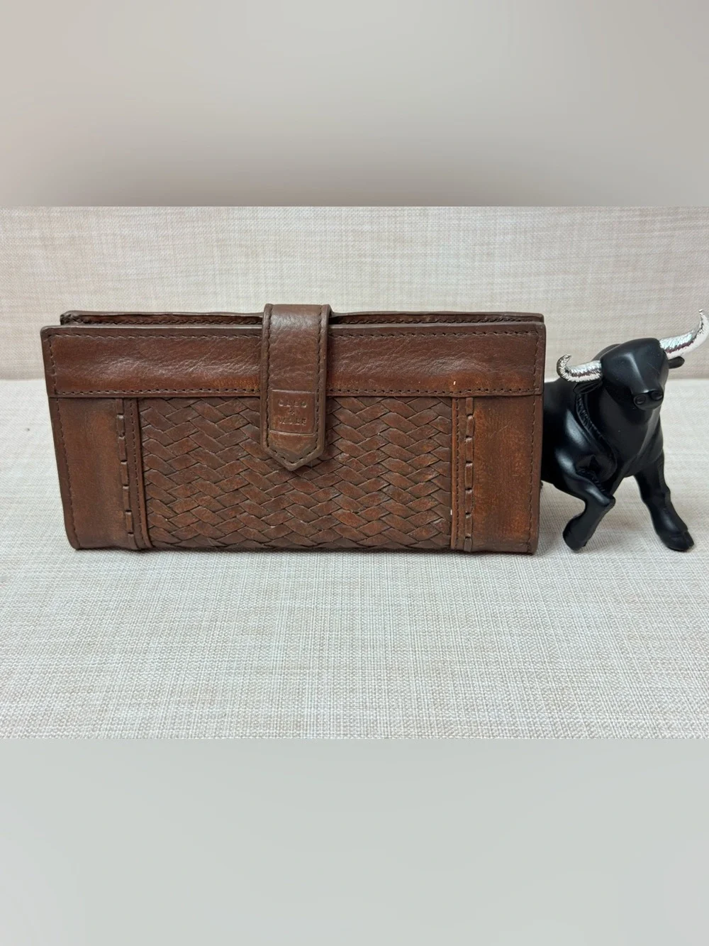 Cleo + Wolf Brown Leather Basketweave Long Bifold Wallet